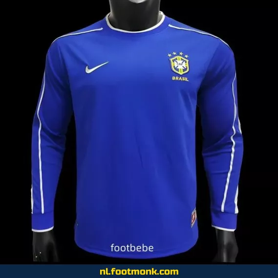 Retro Brazilië Voetbalshirt 1998 - Blauw Uit Tenue Met Lange Mouwen - Officieel Voetbalshirt
