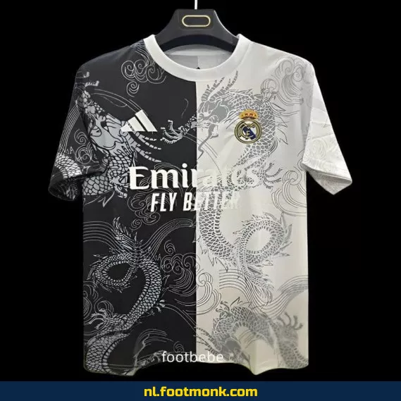 Real Madrid voetbalshirt 2025-2026 Dragon – Wit & Zwart | Officieel voetbalshirt | Voetbalshirt heren/dames/kinderen | Origineel voetbalshirt met bedrukking | Fanwear aanbieding
