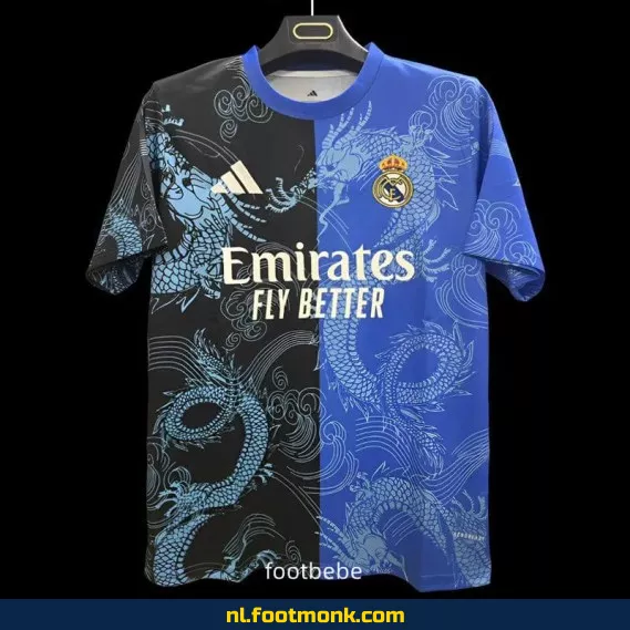 Real Madrid voetbalshirt 2025-2026 – blauw zwart drakenprint – officieel voetbaltenue | heren, dames, kinderen | personaliseerbaar